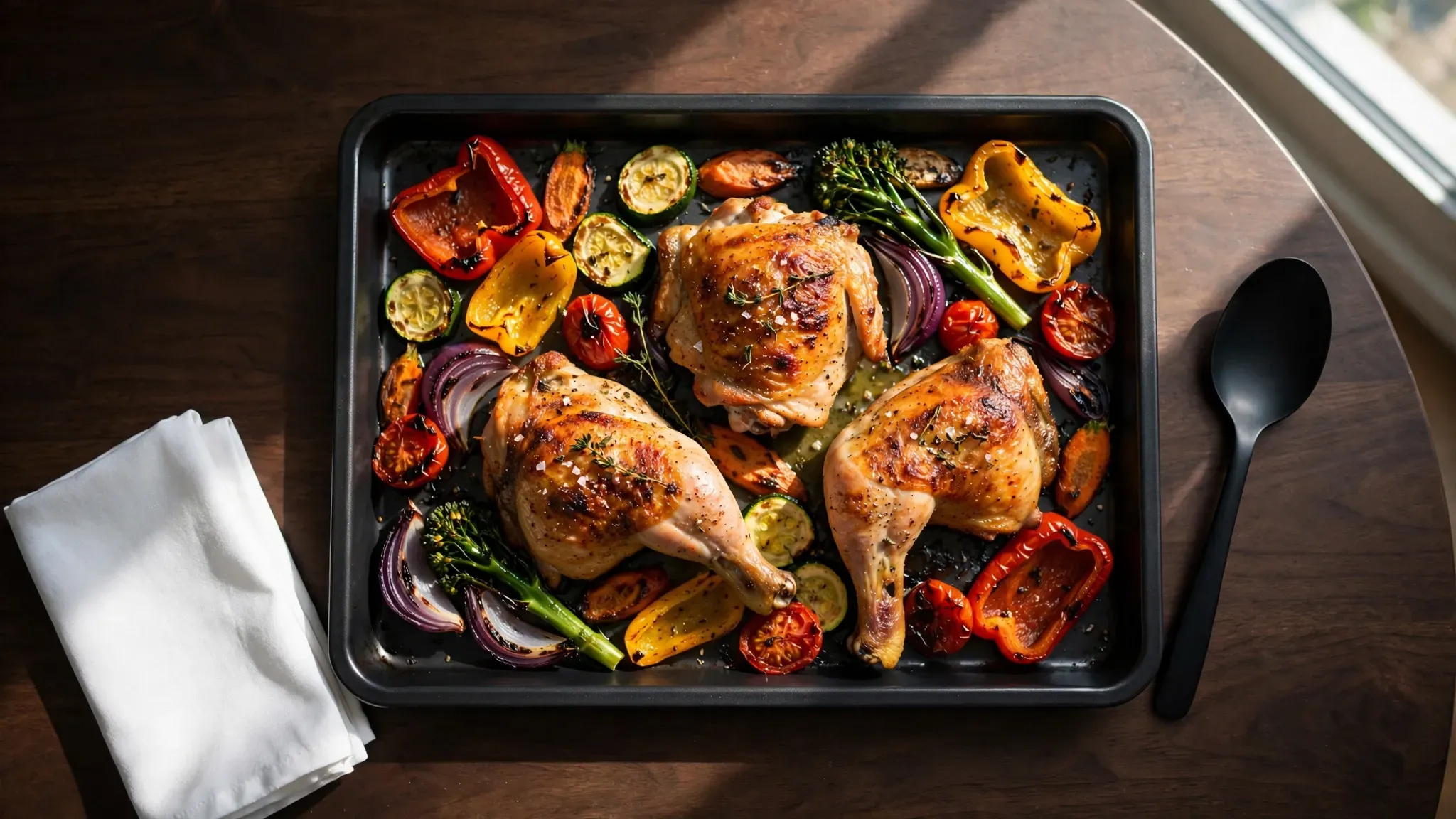 A perfectly roasted sheet pan meal with crispy vegetables and golden protein