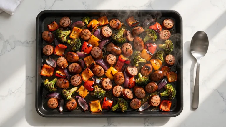 A large sheet pan filled with roasted sausage rounds and colorful chopped vegetables