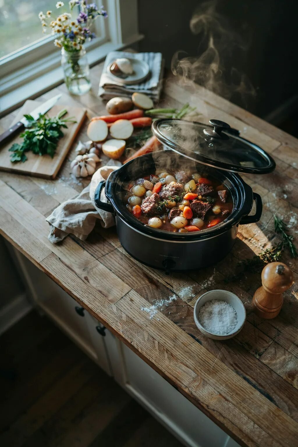 A metal pot of hearty beef stew with vegetables on a rustic wooden kitchen counter.