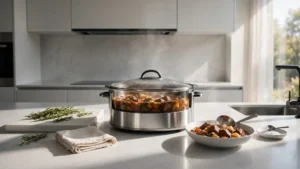 Sleek slow cooker filled with rich beef stew in a modern kitchen