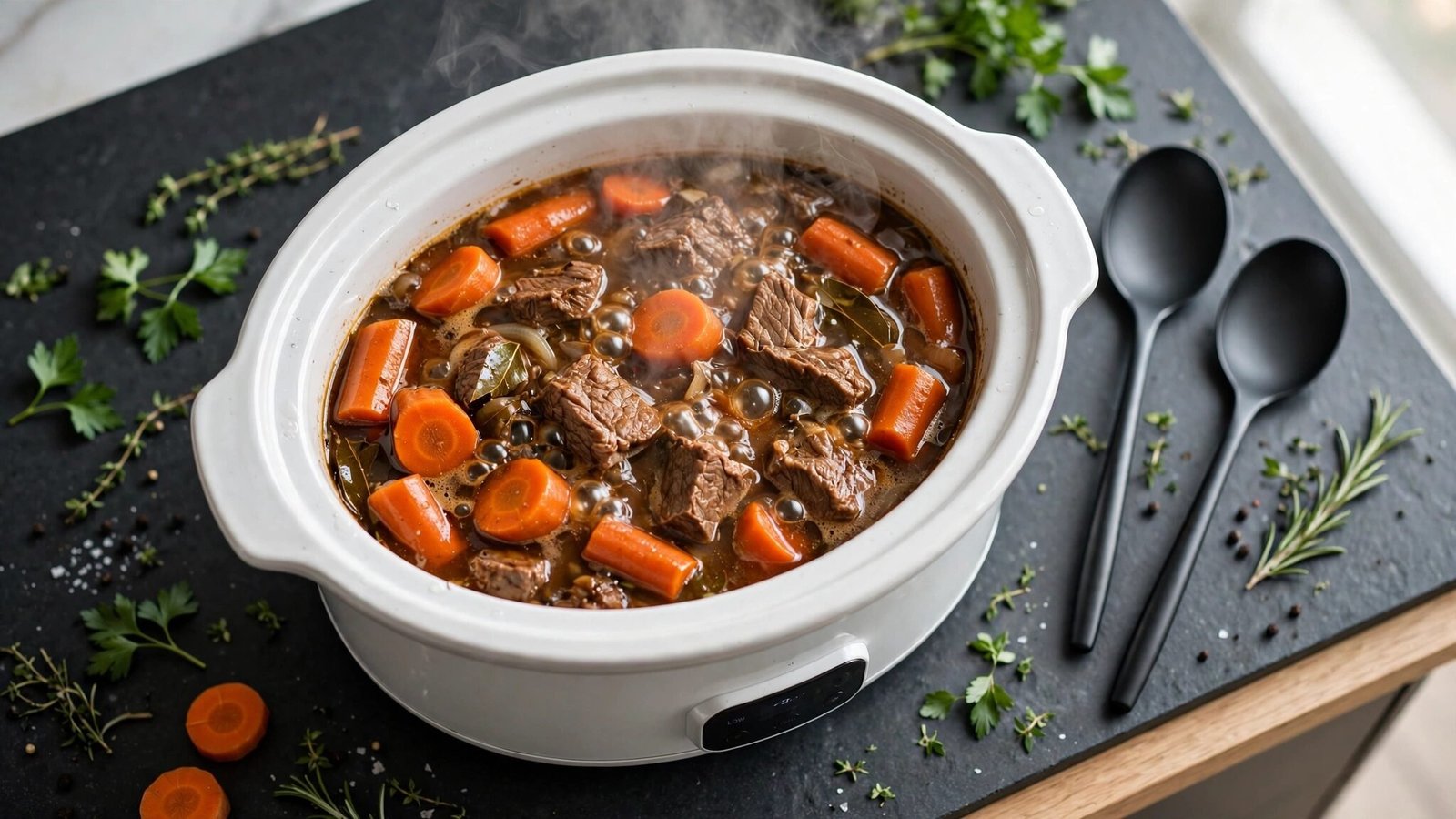 A steaming pot of beef and carrot stew inside a white slow cooker on a dark surface with two black spoons.