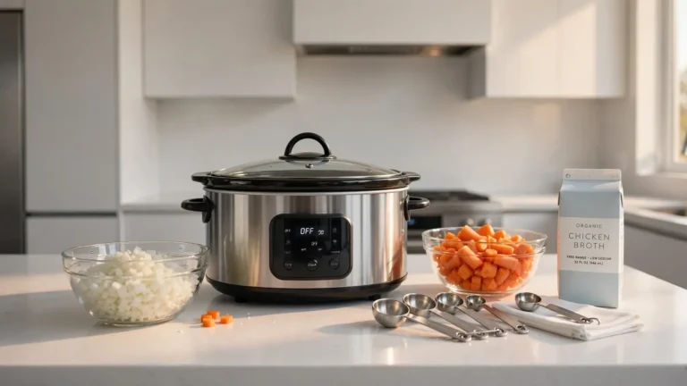 A sleek slow cooker on a marble kitchen counter