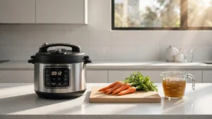 A sleek electric pressure cooker sitting on a rustic kitchen counter next to fresh vegetables