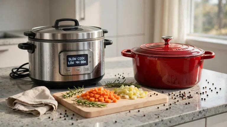 A cast iron pot and an electric cooker sitting side by side on a modern kitchen counter