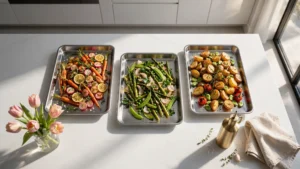 Three different sheet pan dinners with salmon chicken and tofu
