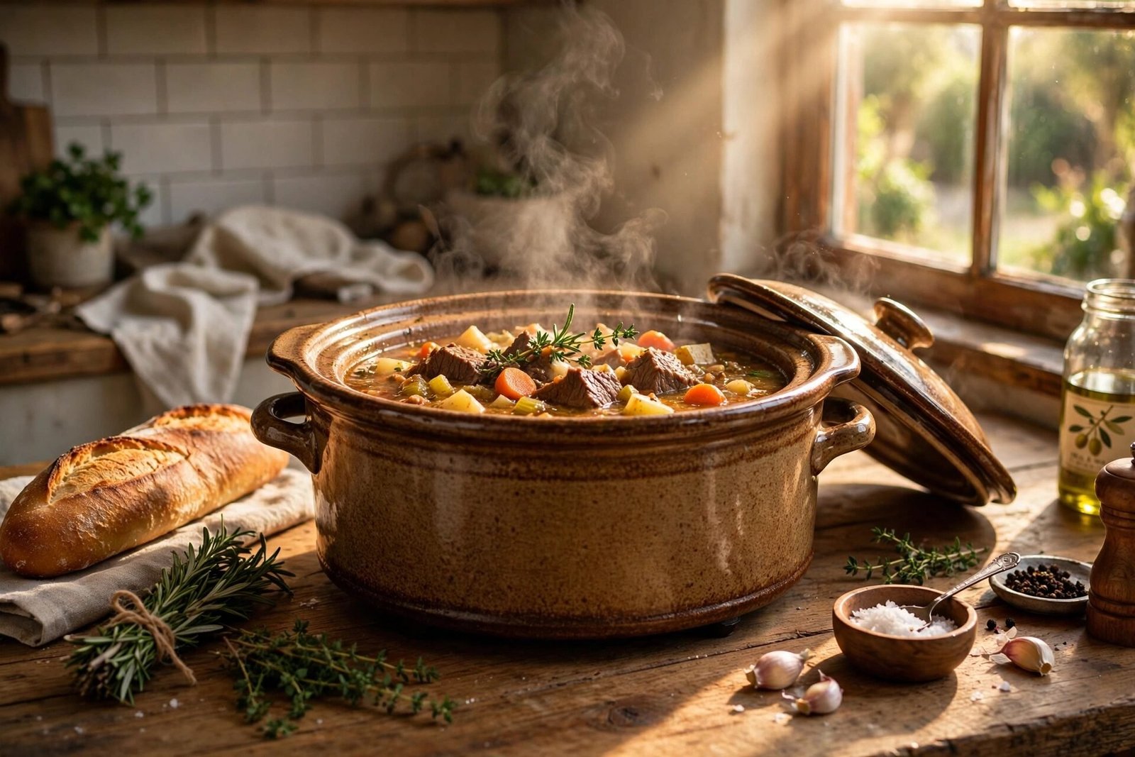 Steaming bowl of homemade beef stew with carrots and potatoes, served with fresh bread on a sunny wooden table.