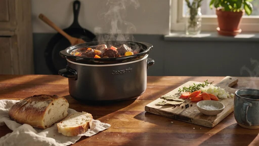 Slow cooker with hot beef stew next to fresh bread and chopped vegetables on a wooden cutting board.