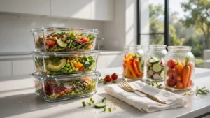 Fresh cold meal prep containers on a bright kitchen counter