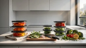 Small organized kitchen counter with glass meal prep containers
