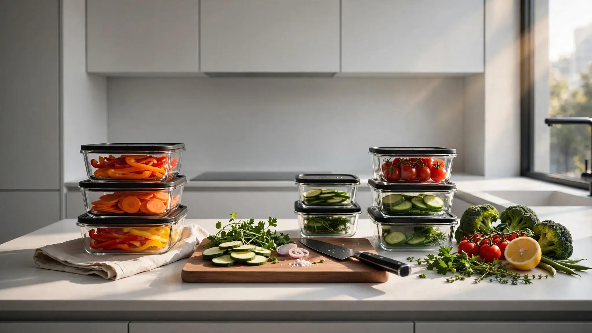 Small organized kitchen counter with glass meal prep containers