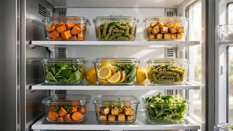 Several glass containers filled with colorful vegetarian meals stacked in a clean refrigerator